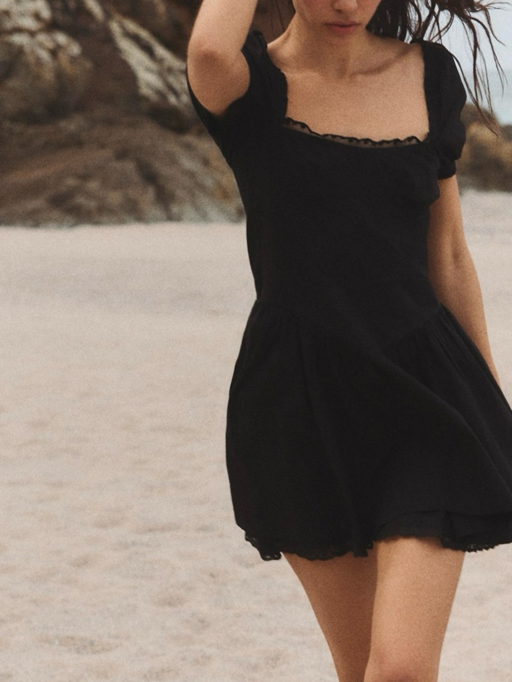 Zara Black Puff Sleeve Lace Trim Fit-and-Flare Dress size L